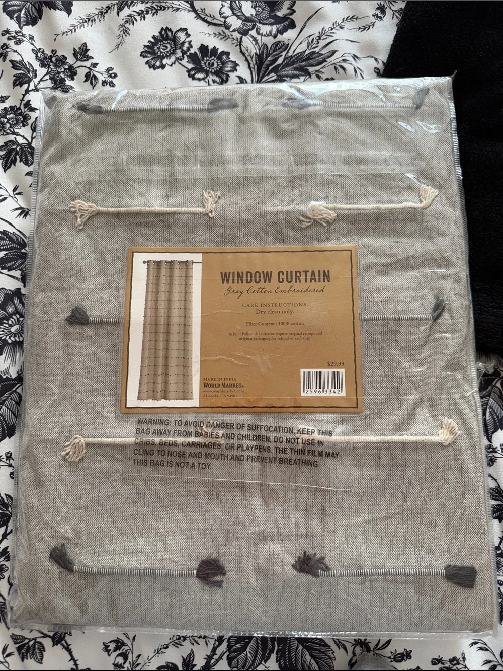 Cost Plus World Market Gray Cotton Embroidered Grommet Window Curtain